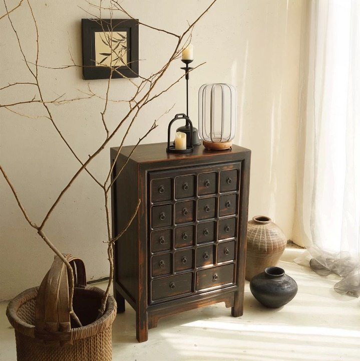 Vintage 18-Drawer Apothecary Cabinet, Distressed Black Wood Storage Chest