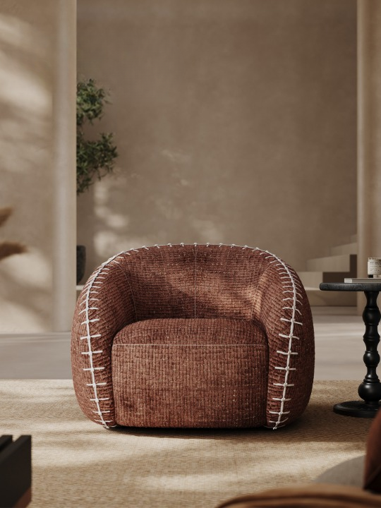 Brown Chenille Accent Chair, Oversized Upholstered Barrel Lounge Chair with Embroidered Stitch Detail for Living Room, Bedroom, Hotel and Reading Corner