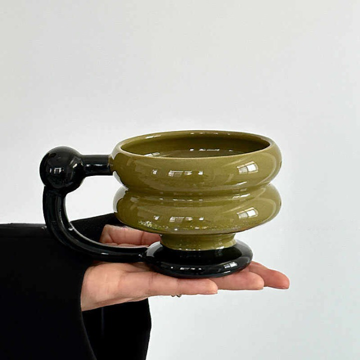 Green and Black Ceramic Coffee Mug with Sculptural Handle Gift Box