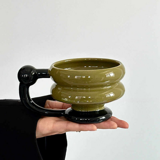 Green and Black Ceramic Coffee Mug with Sculptural Handle Gift Box
