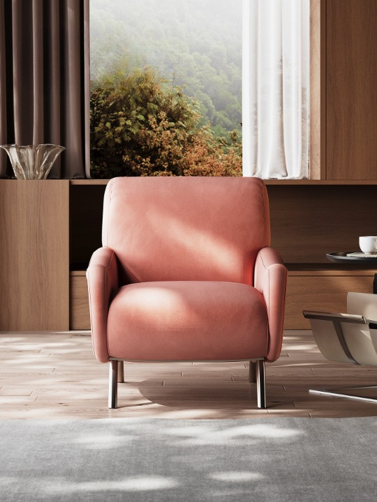 Blush Pink Accent Chair, French Style Upholstered Lounge Armchair with Metal Legs, Modern Single Sofa Chair for Living Room, Bedroom and Reading Nook