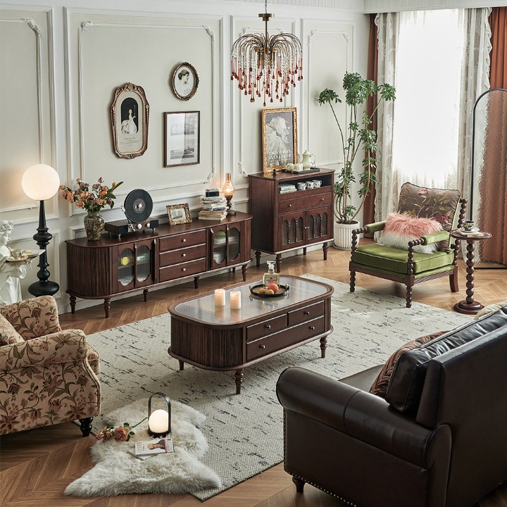 Oval Pine Wood Coffee Table with Tempered Glass Top, Vintage Style Living Room Center Table with Drawers, Fluted Side Panels and Turned Legs, Brown Storage Tea Table for Home