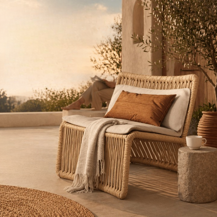 Natural Rope Woven Outdoor Lounge Chair with Cushion