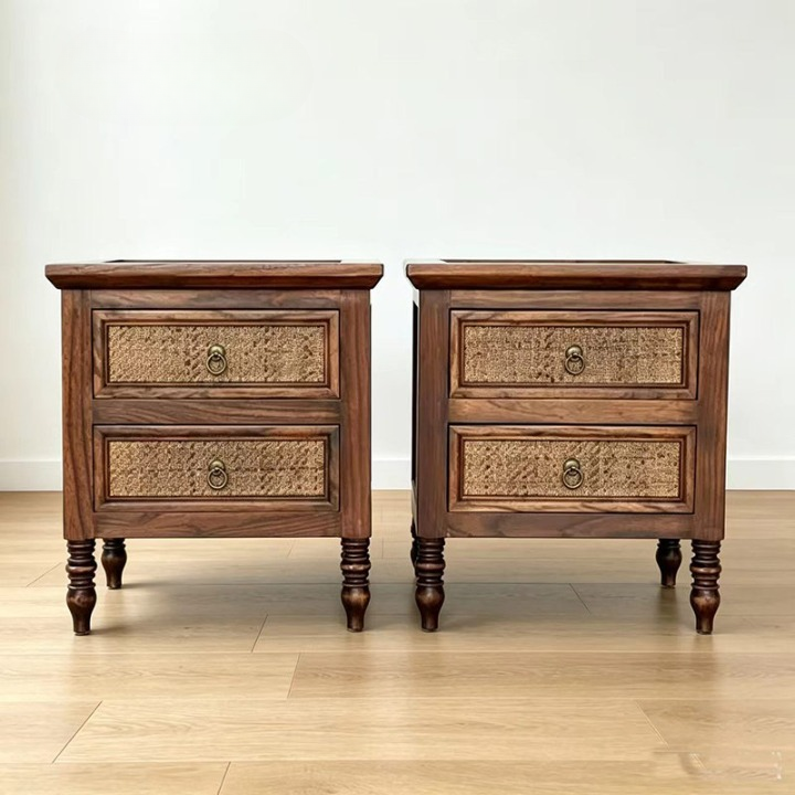Solid Elm Wood Nightstand with 2 Rattan Drawer Fronts, Rustic Bedside Table with Turned Legs and Distressed Brown Finish for Bedroom, Guest Room or Living Room
