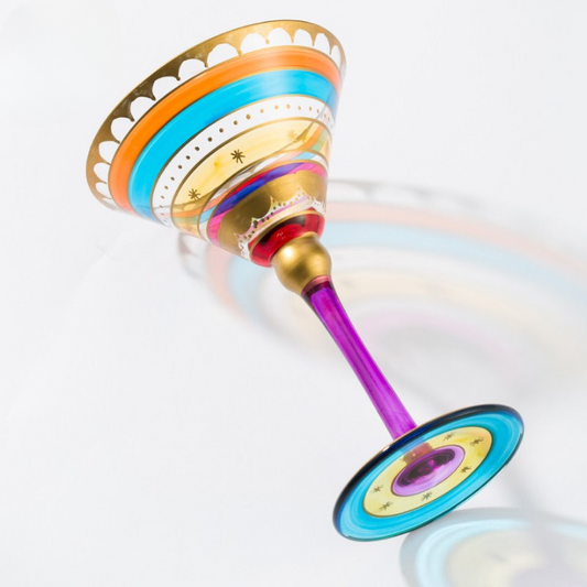 Hand Painted Martini Glass, 8.5 oz Colorful Striped Cocktail Glass with Gold Rim, Tall Stem Decorative Glassware for Home Bar, Parties, Wine, Cocktails, Margaritas and Entertaining