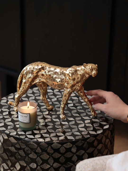 Antique Gold Resin Leopard Sculpture, Spotted Walking Big Cat Tabletop Figurine for Living Room, Entryway, Office Desk, Bookshelf, Console Table or Housewarming Gift