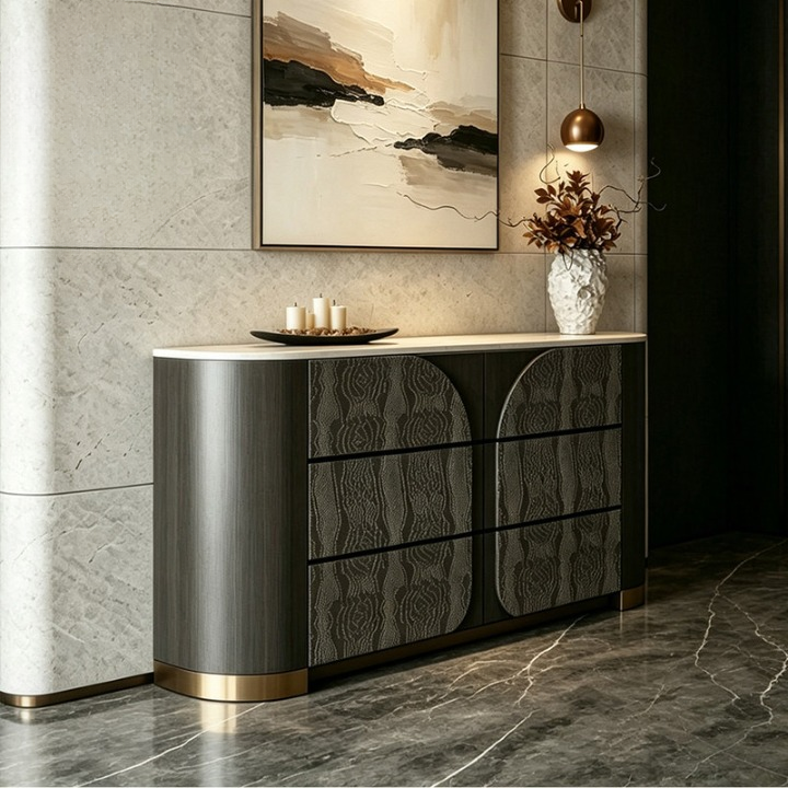 Modern Black Sideboard with 6 Drawers and Gold Accents, 55 Inch