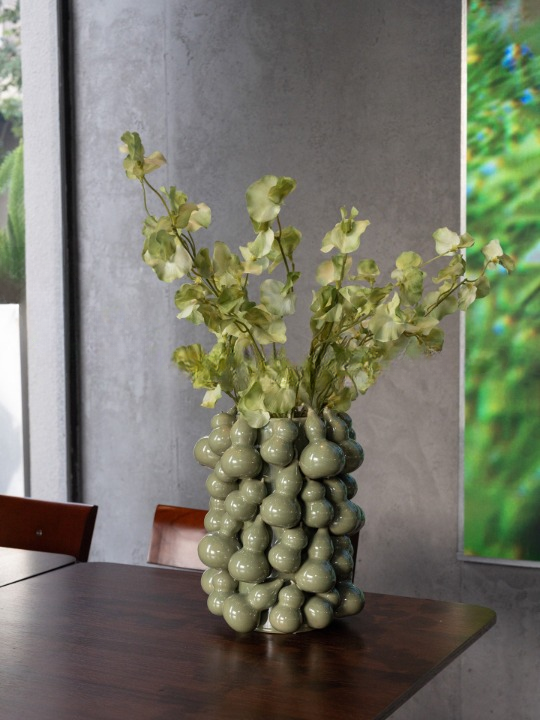 Set of 2 Green Gourd Ceramic Vases, Sculptural Flower Vessels