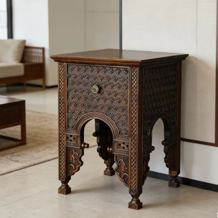 Hand-Carved Solid Wood Side Table, Square Tall Accent Table with Ornate Arched Panels and Dark Brown Finish for Living Room, Bedroom, Entryway or Lounge