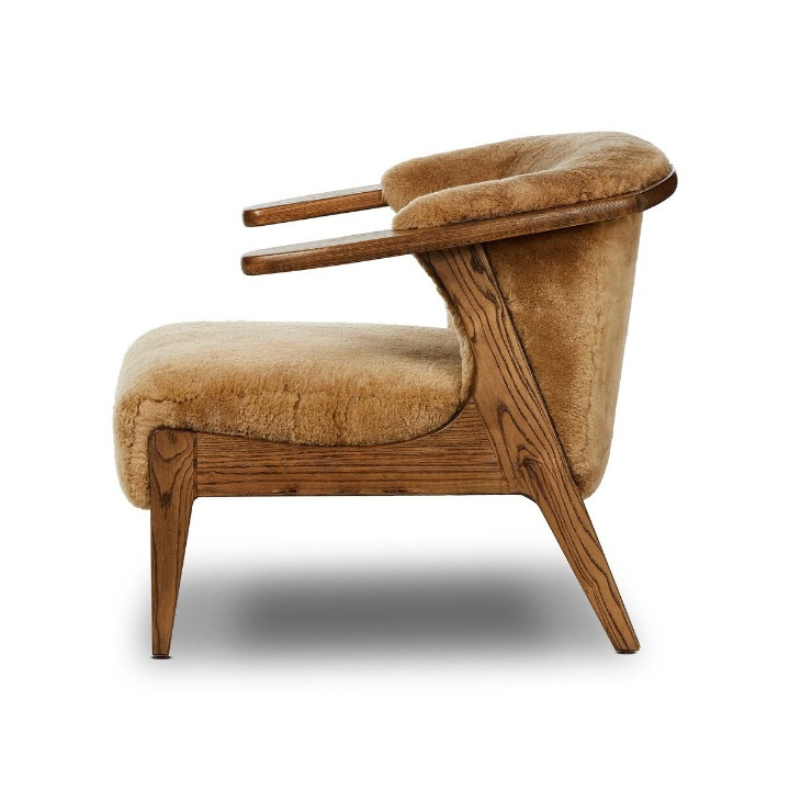 Wabi Sabi Sherpa Accent Chair, Solid Wood Lounge Armchair with Camel Upholstery and Sculptural Wood Arms, Mid Century Modern Single Sofa Chair for Living Room, Bedroom, Reading Nook, Balcony and Boutique Hotel