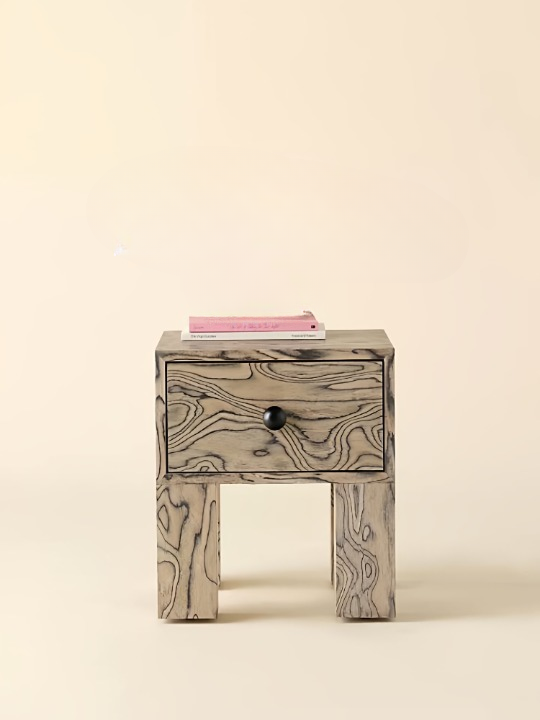 Natural Burl Wood-Look Nightstand, Square One-Drawer Bedside Table with Black Knob and Chunky Block Legs, Wabi-Sabi Accent End Table for Bedroom, Guest Room and Living Room