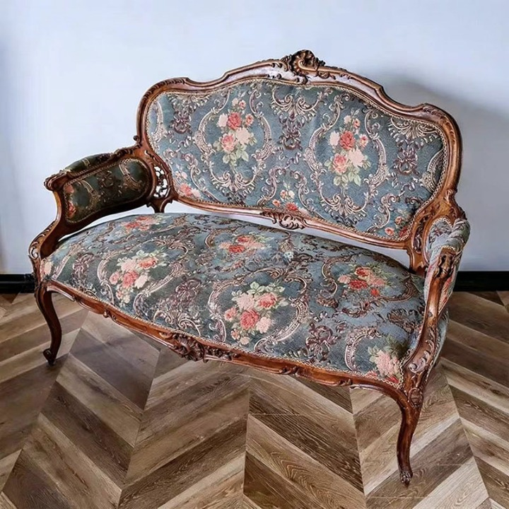 Floral Upholstered 3-Seat Sofa with Carved Solid Wood Frame, Blue