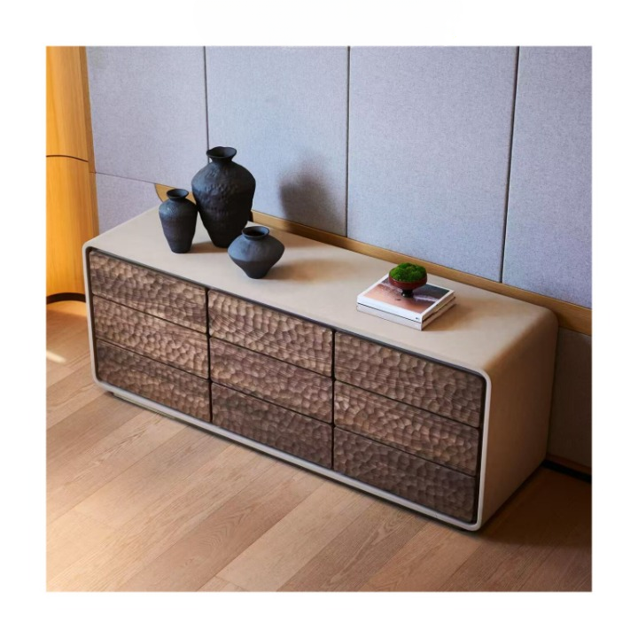 Solid Wood 9 Drawer Dresser, Textured Hammered Front Storage Cabinet, Wabi Sabi Low Chest of Drawers for Bedroom, Living Room, Entryway or Hallway