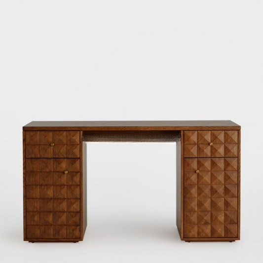 Solid Wood Writing Desk with Storage Drawers, Carved Geometric Home Office Desk, Vanity Table for Bedroom, Study Room, Hotel, Villa