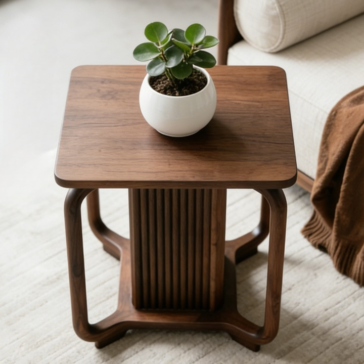 Ash Wood Square Side Table with Fluted Pedestal Base