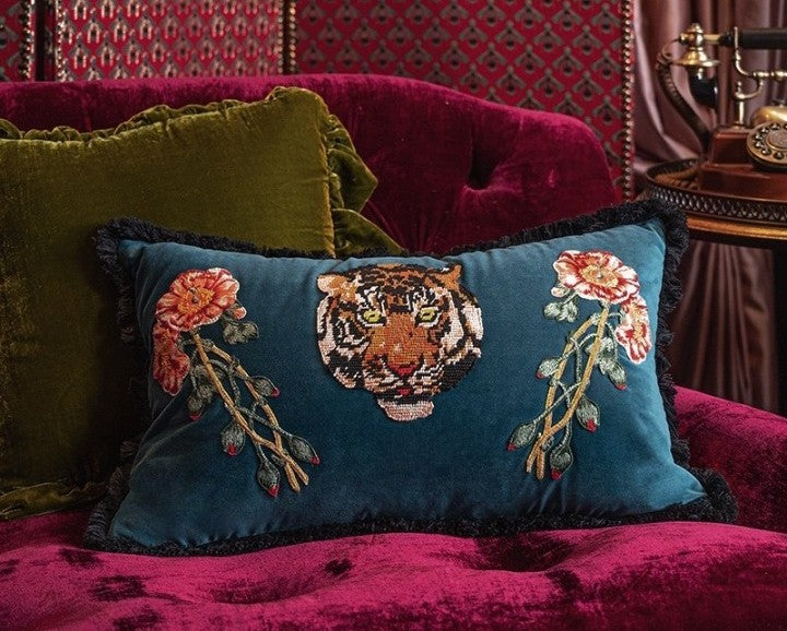 Teal Tiger Embroidered Lumbar Throw Pillow with Insert, Decorative Velvet Accent Pillow with Floral Embroidery and Black Fringe Trim for Sofa, Couch, Bed, Chair, Living Room Decor