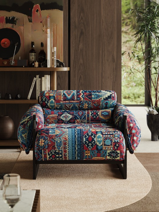 Oversized Boho Accent Chair, Upholstered Lounge Armchair with Exposed Wood Frame, Patterned Single Sofa Chair for Living Room, Bedroom, Balcony and Reading Nook