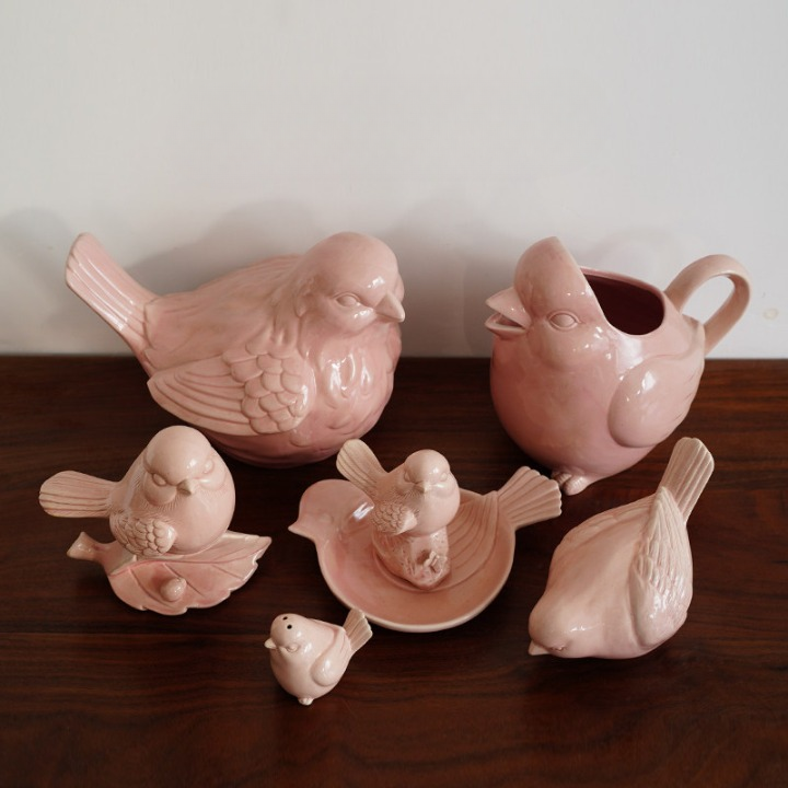 Pink Ceramic Bird Figurine, Large Decorative Sculpture for Home Decor