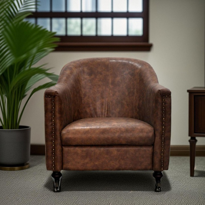 Brown Distressed Leather Club Chair, Vintage Tub Barrel Accent Chair with Nailhead Trim, Upholstered Single Sofa Armchair for Living Room, Bedroom, Office, Hotel Lobby