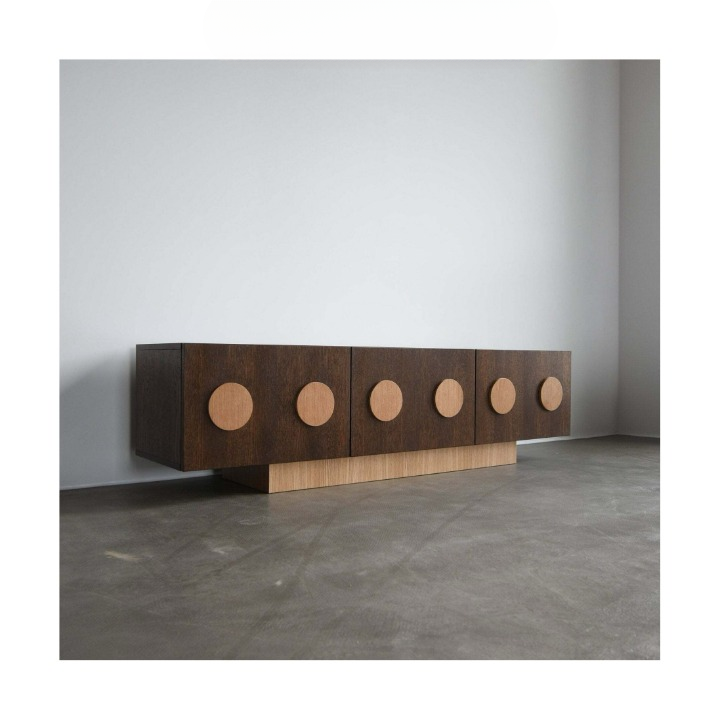 Dark Wood Sideboard Cabinet, 4 Door Storage Credenza with Round Wood Pulls, Wabi Sabi Buffet Cabinet for Dining Room, Living Room, Entryway or Hallway