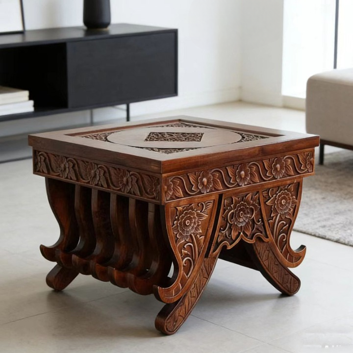 Hand-Carved Solid Elm Wood End Table, Square Floral Accent Table with Sculpted Crossed Legs, Brown Sofa Side Table for Living Room, Lounge or Tea Room