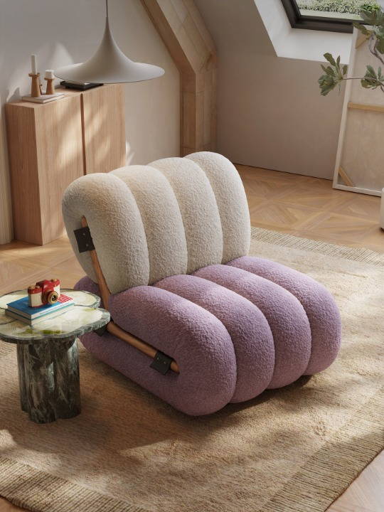 Oversized Sherpa Accent Chair, Cream and Mauve Upholstered Lounge Chair with Channel Tufted Cushions, Modern Single Sofa Chair for Living Room, Bedroom, Reading Nook, Apartment, and Cozy Corner Seating