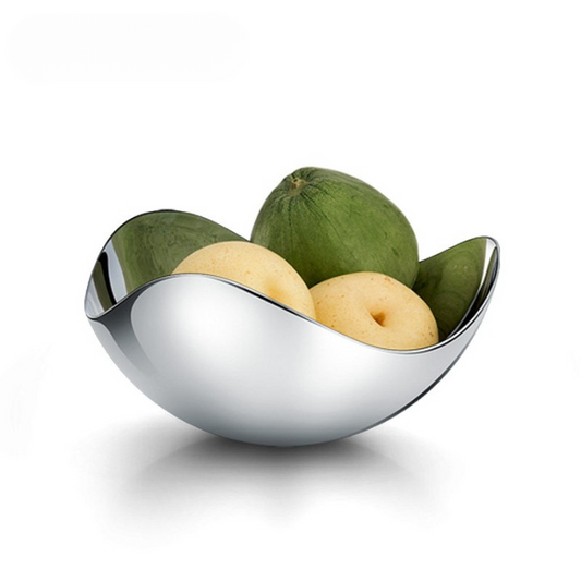 Stainless Steel Fruit Bowl, Modern Silver Petal Decorative Bowl, Small Polished Metal Fruit Basket Centerpiece for Dining Table, Kitchen Counter, Coffee Table, Housewarming Gift