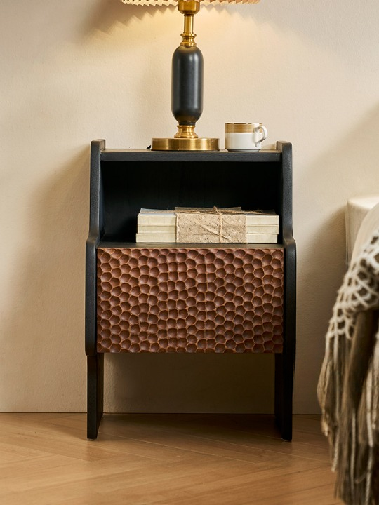 Solid Ash Wood Nightstand with Drawer and Open Shelf, Vintage Brown Bedside Table