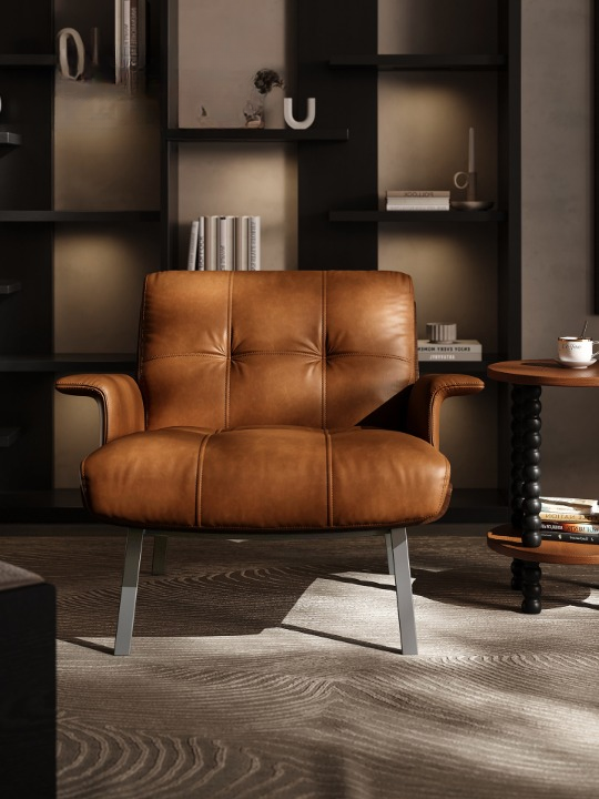 Brown Leather Lounge Chair, Armless Upholstered Accent Chair with Metal Legs, Mid Century Single Sofa Chair for Living Room, Bedroom, Villa and Reading Corner