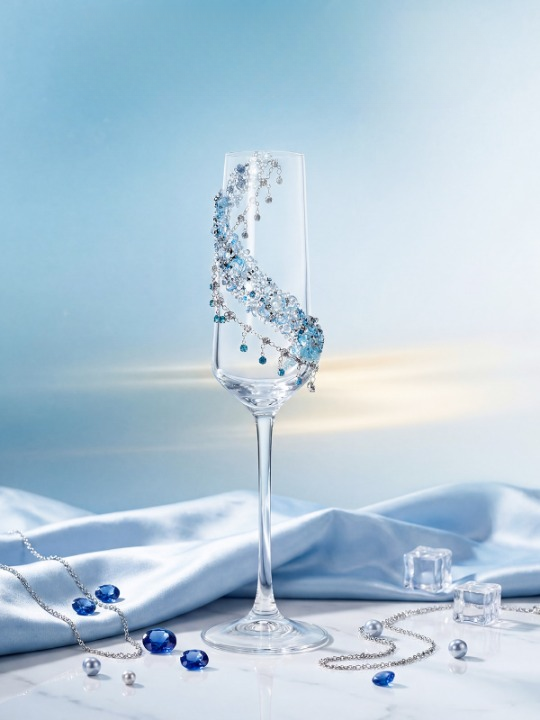 Blue Rhinestone Champagne Flutes with Pendants, Glass Set of 2