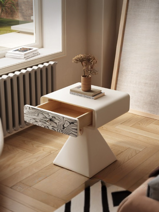 Modern Beige Nightstand with Drawer, Sculptural Pyramid Base Bedside Table, Compact Wood End Table with Glossy Finish, Decorative Side Cabinet for Bedroom, Living Room, Small Spaces