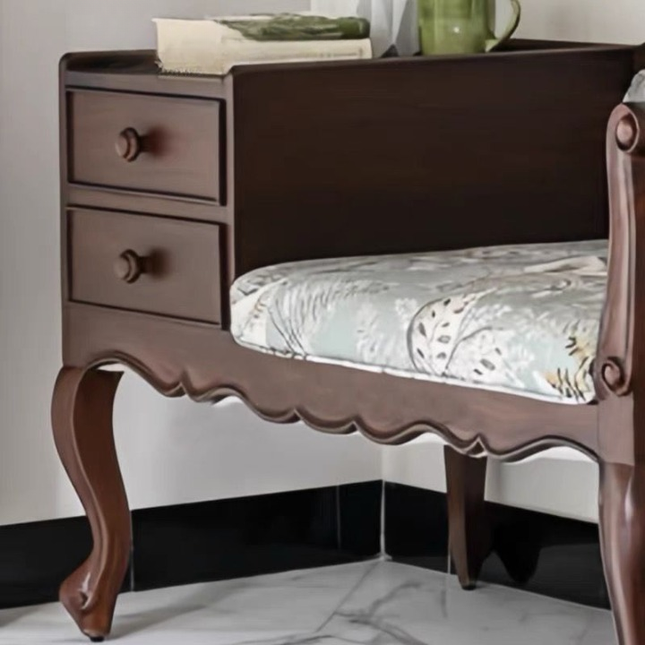 Brown Wood Gossip Bench with Drawers and Floral Upholstery