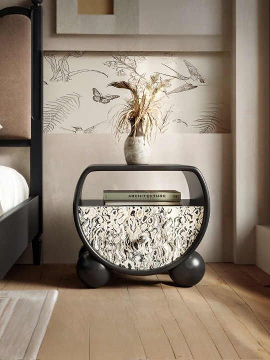 Black Round Nightstand with Drawer, Modern Bedside Table with Ball Feet, Compact Storage End Table with Open Shelf, Patterned Front Accent Cabinet for Bedroom, Living Room, Small Spaces