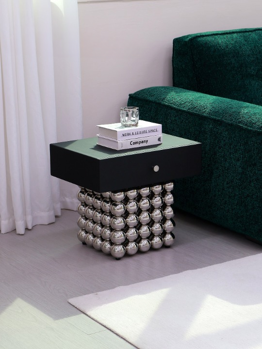 Black Nightstand with Stainless Steel Sphere Base and Drawer