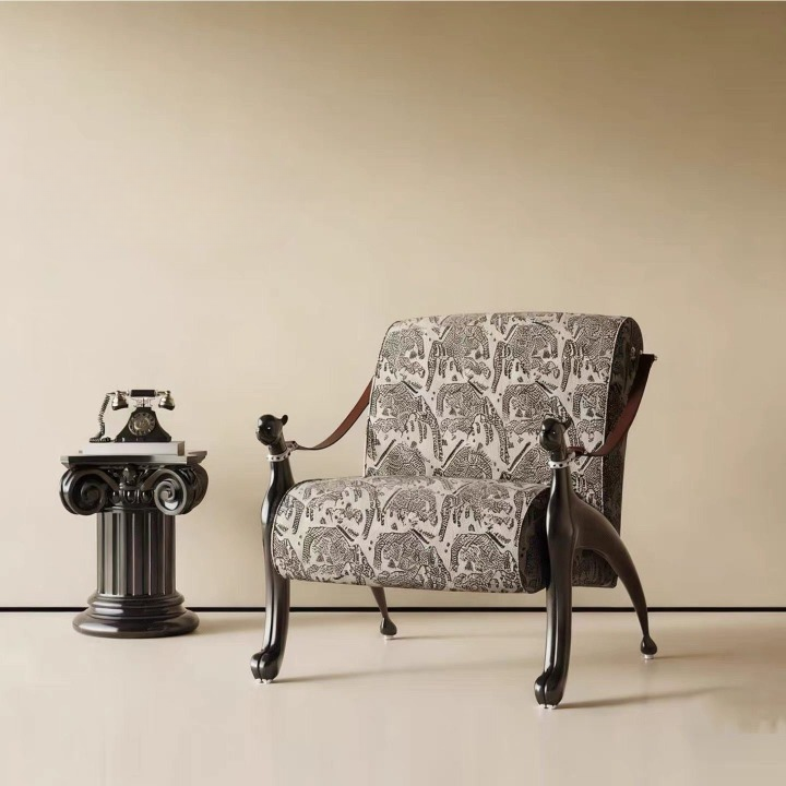 Modern Upholstered Accent Lounge Chair with Sculptural Dog-Shaped Solid Wood Frame, Artistic Fabric Armchair for Living Room, Bedroom, Reading Nook, Hotel Lobby &amp; Luxury Interior Décor