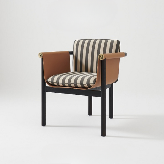 Modern Ash Wood Dining Armchair, Striped Upholstered Accent Chair with Faux Leather Armrests, Cushioned Seat and Back for Dining Room, Study, Bedroom or Lounge