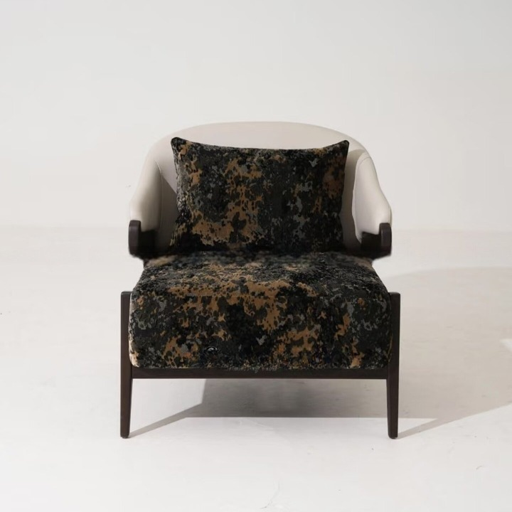 Modern Nordic Accent Chair, Solid Wood Frame Lounge Armchair with Abstract Pattern Upholstery and Lumbar Pillow, Luxury Single Sofa Chair for Living Room, Reception Area, Bedroom, Hotel Lobby and Reading Nook