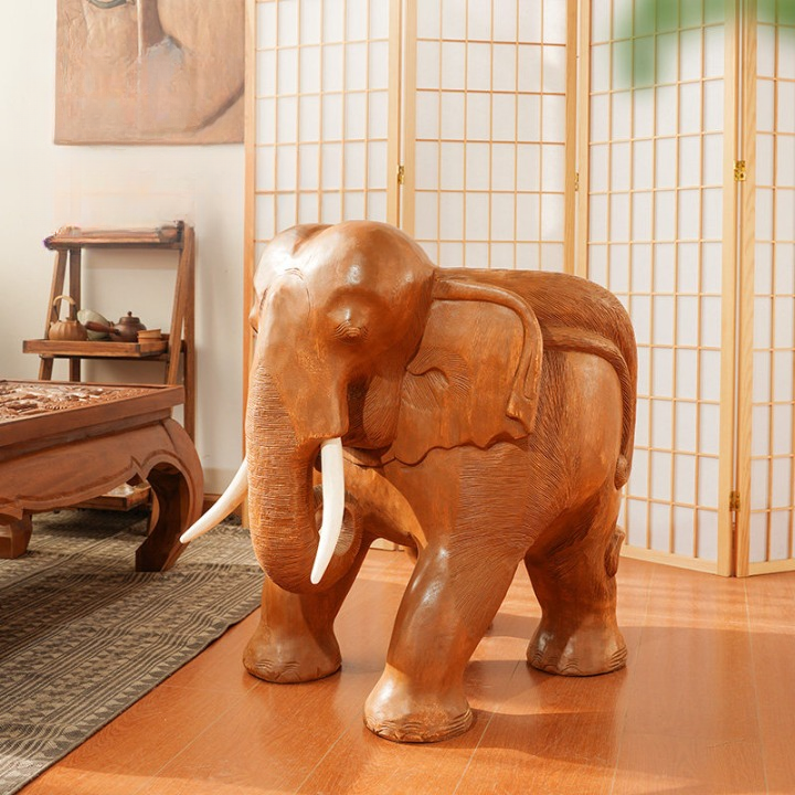 Hand-Carved Solid Wood Elephant Accent Chair, Natural Brown