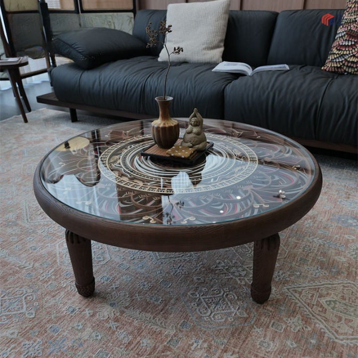 Round Carved Wood Coffee Table with Tempered Glass Top, Vintage Style Low Cocktail Table, Dunhuang Inspired Patterned Center Table with Solid Wood Legs for Living Room, Apartment, Lounge