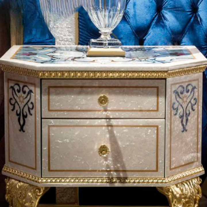 Ivory and Gold Solid Wood Nightstand, Decorative Shell Inlay 2-Drawer Bedside Cabinet with Ornate Carved Legs and Pearlized Top for Bedroom, Guest Room or Luxury Interior