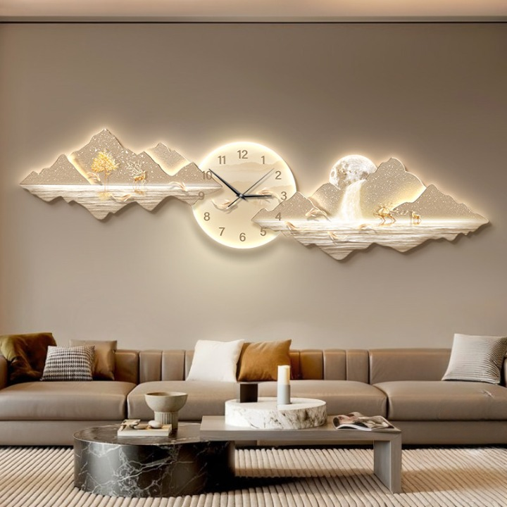 Modern Mountain Wall Clock 39 x 11 Inch, 3D Landscape Wall Art with Deer