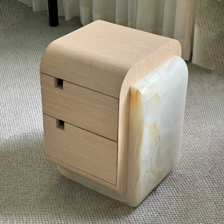 Natural Ash Wood Nightstand with White Marble Side Panels, 2-Drawer Rounded Bedside Table with Recessed Pulls, Wabi-Sabi Storage Cabinet for Bedroom and Guest Room