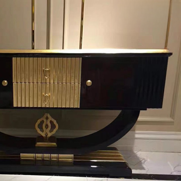 Dark Brown Entryway Cabinet with 2 Doors, 2 Drawers and Gold Accents