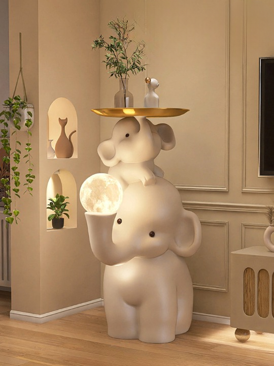 Cream White Resin Parent and Baby Elephant Side Table with Gold Alloy Tray and 3-Color Dimmable Moon Globe Night Light for Living Room, Bedroom, Nursery and Sofa Side