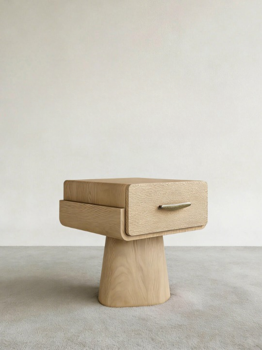 Natural Wood Nightstand with Drawer, Modern Bedside Table, Japandi End Table, Small Bedroom Side Table, Sculptural Pedestal Nightstand for Living Room and Small Spaces
