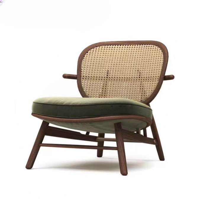 Rattan Cane Back Accent Chair, Solid Wood Lounge Chair with Green Cushioned Seat, Nordic Mid Century Modern Reading Chair, Low Profile Woven Back Armchair for Living Room Bedroom Balcony