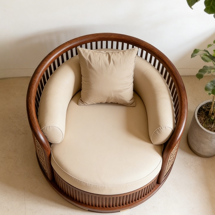 Ash Wood Barrel Accent Chair with Curved Wood Frame, Upholstered Lounge Chair with Lumbar Pillow, Modern Luxury Single Sofa Chair for Living Room, Bedroom, Office &amp; Reception