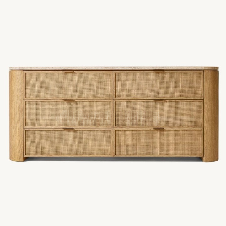 Rattan 6-Drawer Dresser with Travertine-Style Top, Wood Cane Storage Chest for Bedroom, Living Room, Hotel, Villa, Natural Finish
