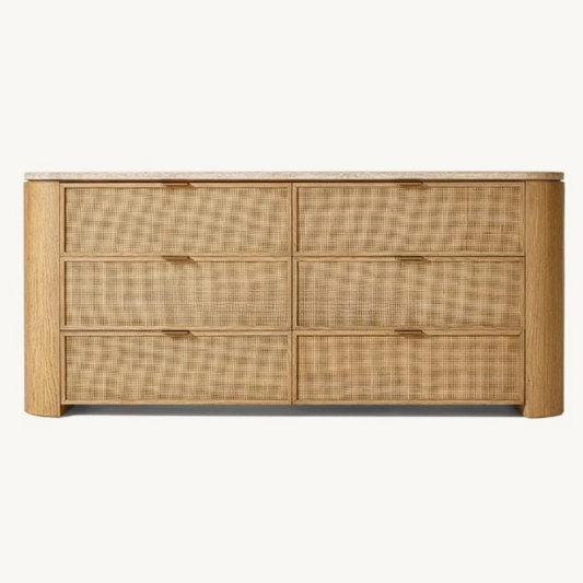 Rattan 6-Drawer Dresser with Travertine-Style Top, Wood Cane Storage Chest for Bedroom, Living Room, Hotel, Villa, Natural Finish