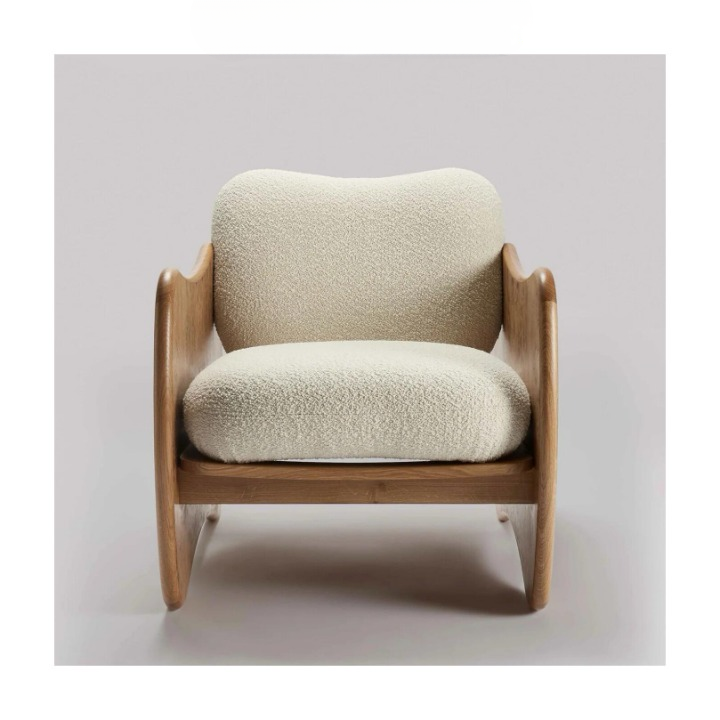 Burl Wood Accent Chair, Solid Wood Lounge Chair with Boucle Cushioned Seat and Back, Wabi Sabi Armchair for Living Room, Bedroom, Reading Nook